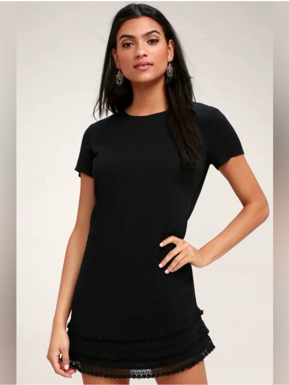 Lulus Black Fringe Hem Shift Mini Dress XS Boho Chic Little Black Dress